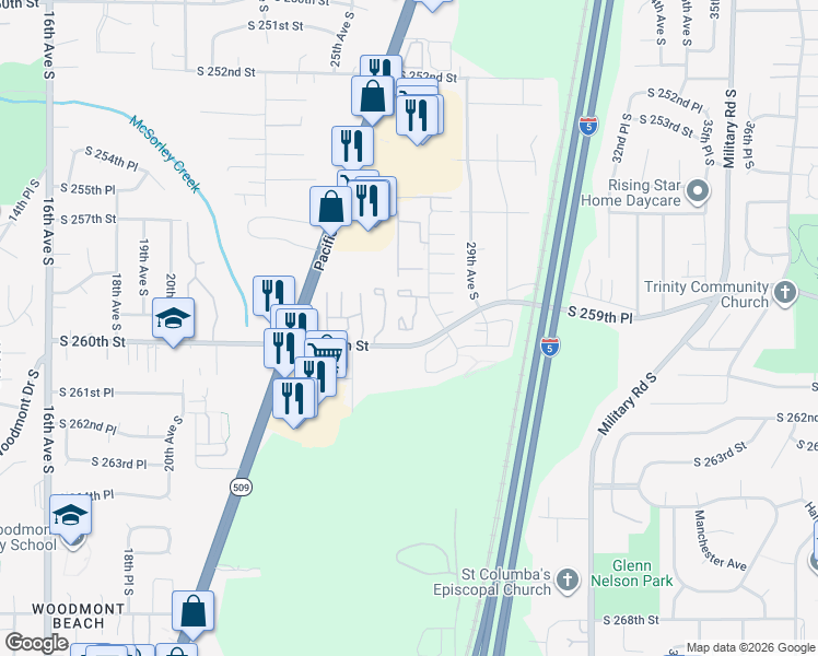 map of restaurants, bars, coffee shops, grocery stores, and more near 25818 26th Place South in Kent