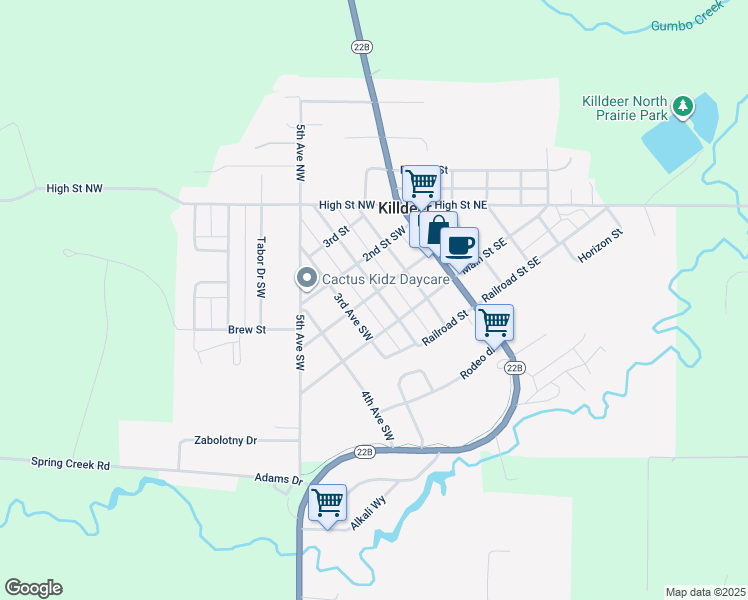 map of restaurants, bars, coffee shops, grocery stores, and more near 200 1st Street Southwest in Killdeer