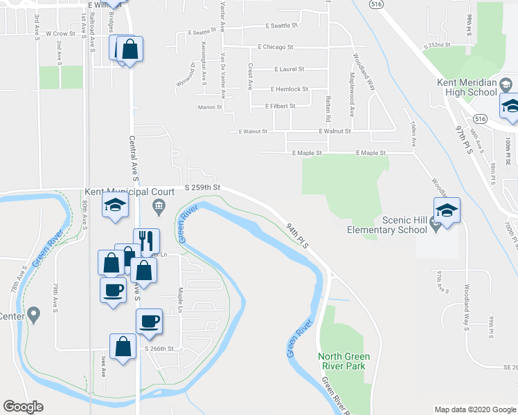 map of restaurants, bars, coffee shops, grocery stores, and more near 8731 South 259th Street in Kent