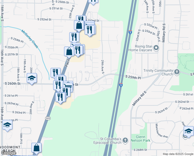 map of restaurants, bars, coffee shops, grocery stores, and more near 2703 South 258th Place in Kent