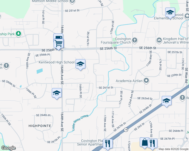 map of restaurants, bars, coffee shops, grocery stores, and more near 25836 168th Place Southeast in Kent