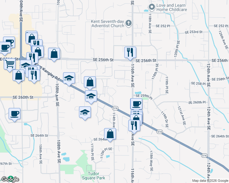 map of restaurants, bars, coffee shops, grocery stores, and more near 11328 Southeast Kent-Kangley Road in Kent