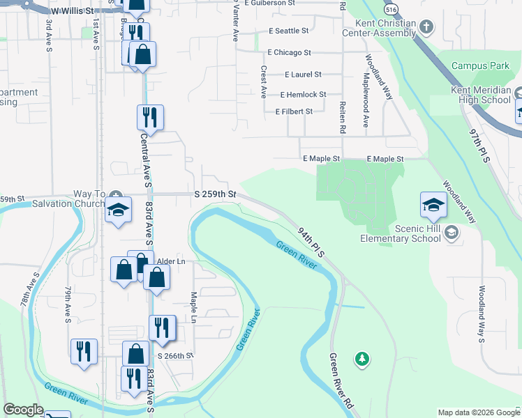 map of restaurants, bars, coffee shops, grocery stores, and more near 8731 South 259th Street in Kent