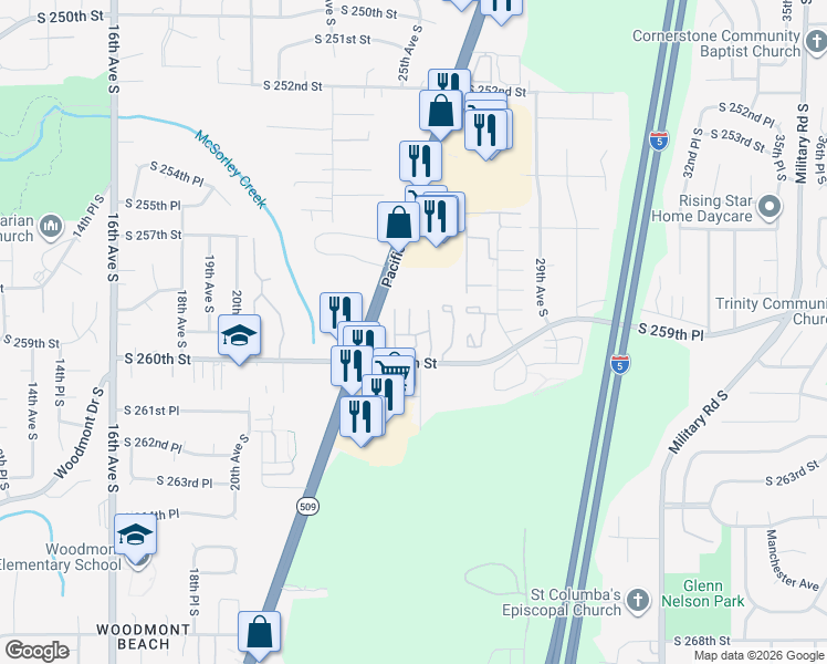 map of restaurants, bars, coffee shops, grocery stores, and more near 2424 South 260th Street in Kent