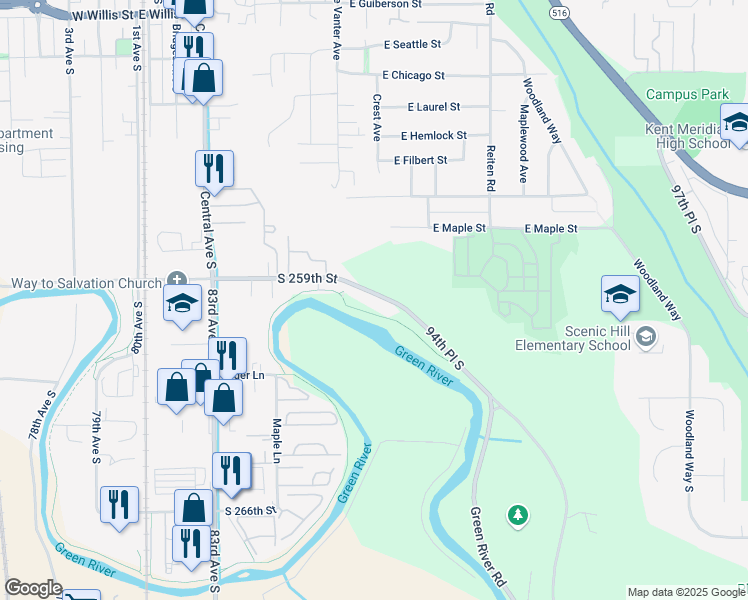 map of restaurants, bars, coffee shops, grocery stores, and more near 8721 South 259th Street in Kent