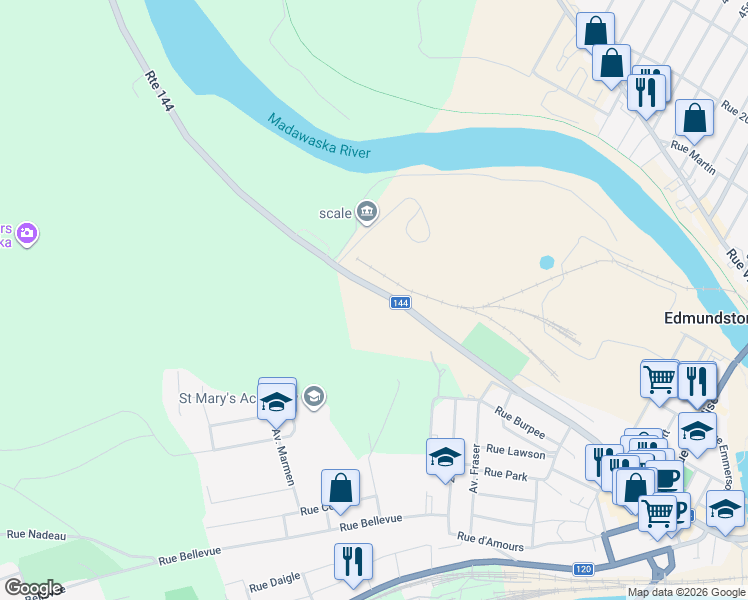 map of restaurants, bars, coffee shops, grocery stores, and more near 338 New Brunswick 144 in Edmundston
