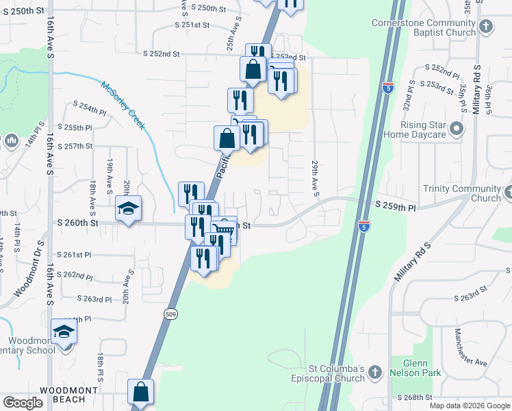 map of restaurants, bars, coffee shops, grocery stores, and more near 25919 25th Lane South in Kent