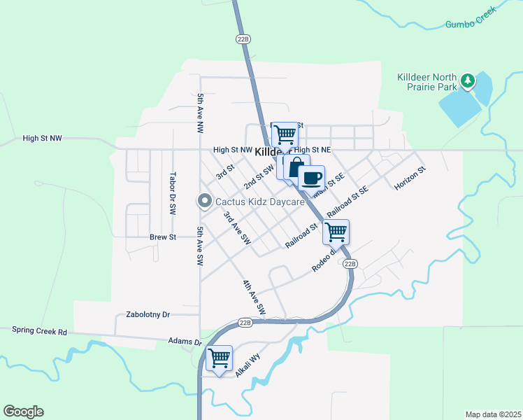 map of restaurants, bars, coffee shops, grocery stores, and more near 200-250 1st Street Southwest in Killdeer