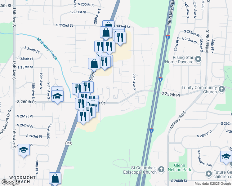 map of restaurants, bars, coffee shops, grocery stores, and more near 25832 26th Place South in Kent