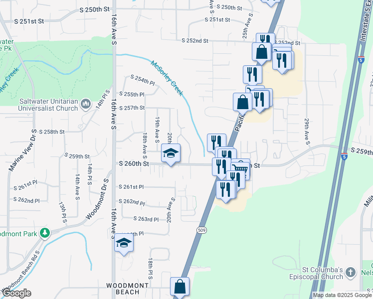 map of restaurants, bars, coffee shops, grocery stores, and more near 2100 South 260th Street in Des Moines
