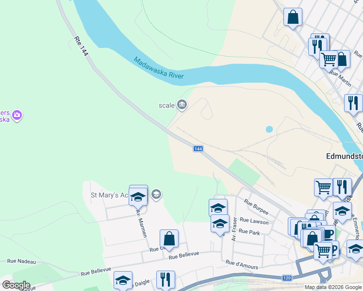 map of restaurants, bars, coffee shops, grocery stores, and more near 338 New Brunswick 144 in Edmundston