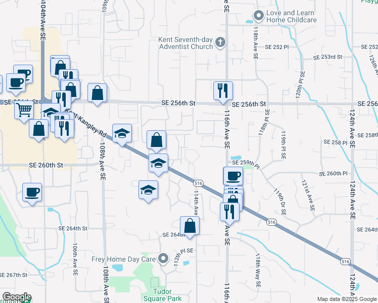 map of restaurants, bars, coffee shops, grocery stores, and more near 25832 113th Avenue Southeast in Kent