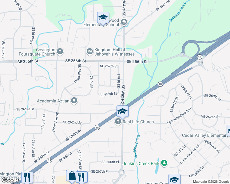 map of restaurants, bars, coffee shops, grocery stores, and more near 17906 Southeast 259th Street in Covington
