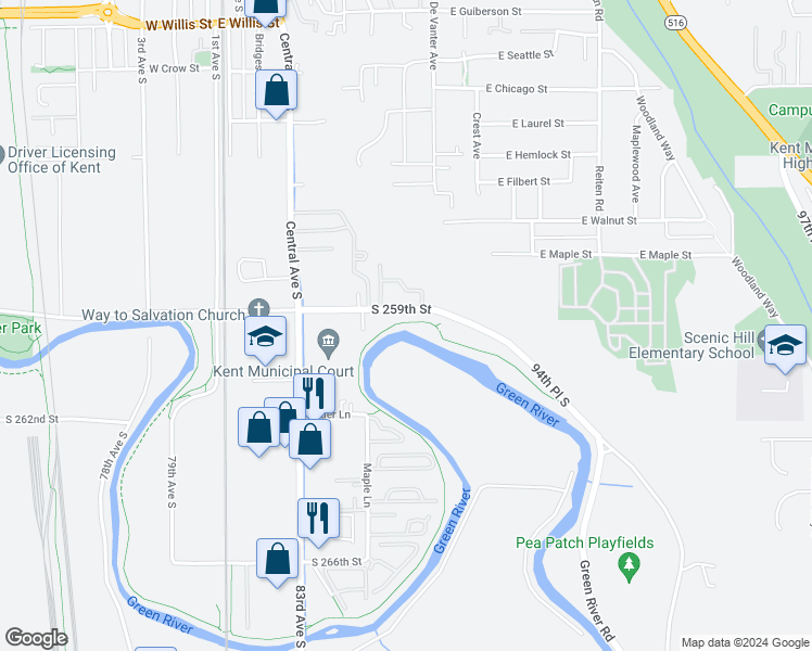 map of restaurants, bars, coffee shops, grocery stores, and more near 8521 South 259th Street in Kent