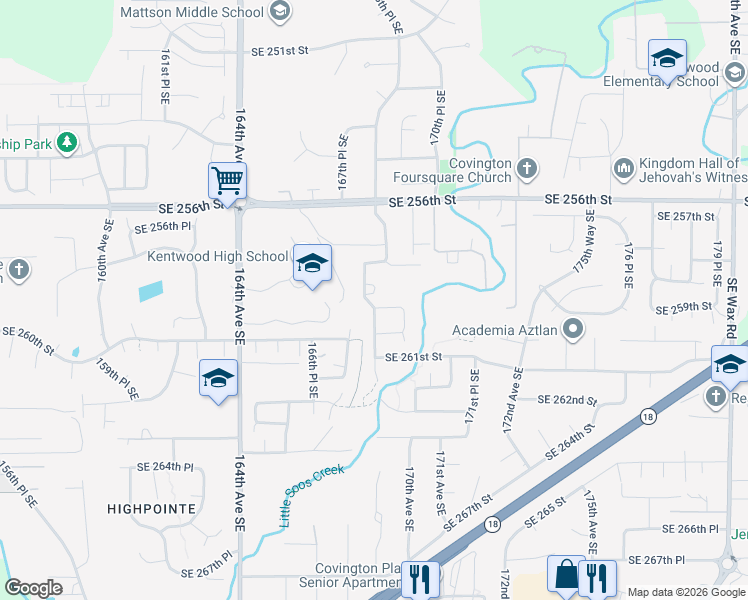 map of restaurants, bars, coffee shops, grocery stores, and more near 25836 168th Place Southeast in Kent