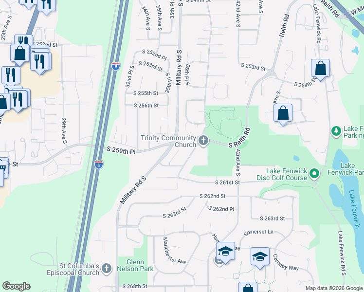 map of restaurants, bars, coffee shops, grocery stores, and more near 25912 35th Place South in Kent