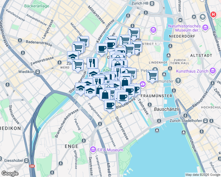 map of restaurants, bars, coffee shops, grocery stores, and more near 5 Brandschenkestrasse in Zürich