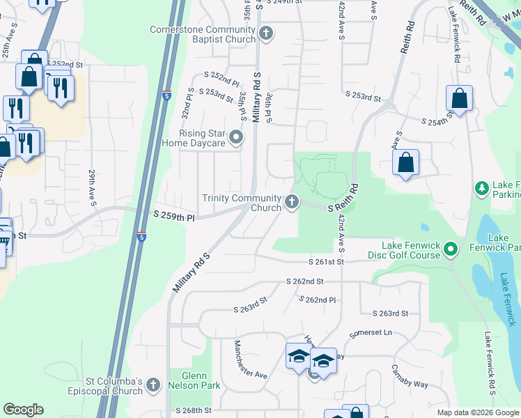 map of restaurants, bars, coffee shops, grocery stores, and more near 25912 35th Place South in Kent