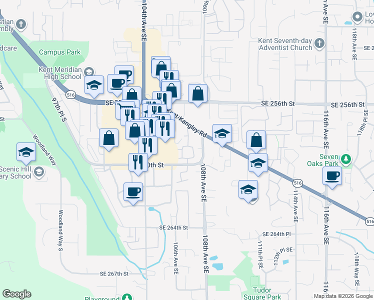 map of restaurants, bars, coffee shops, grocery stores, and more near 10700 Southeast 260th Street in Kent