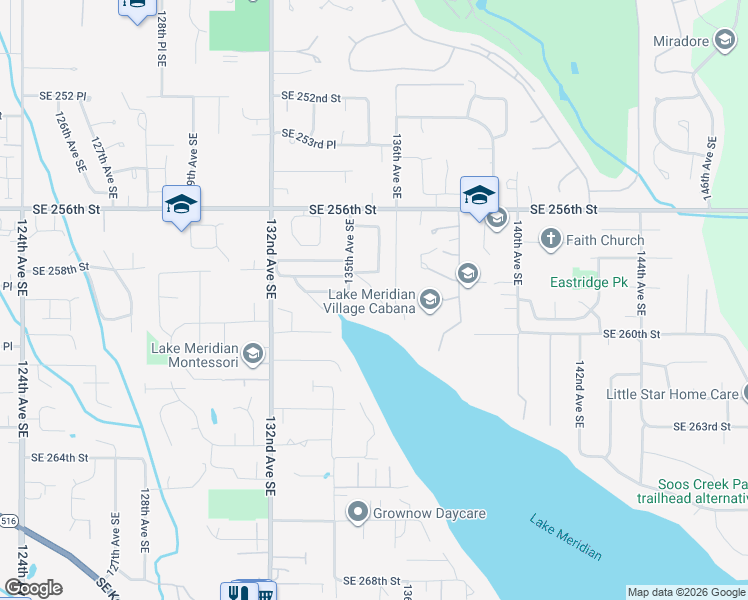 map of restaurants, bars, coffee shops, grocery stores, and more near 26132 135th Avenue Southeast in Kent