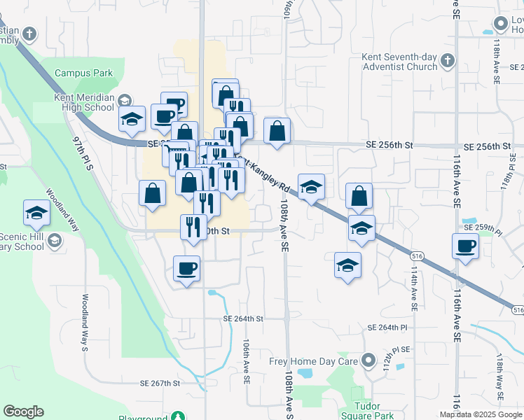 map of restaurants, bars, coffee shops, grocery stores, and more near 10700 Southeast 260th Street in Kent