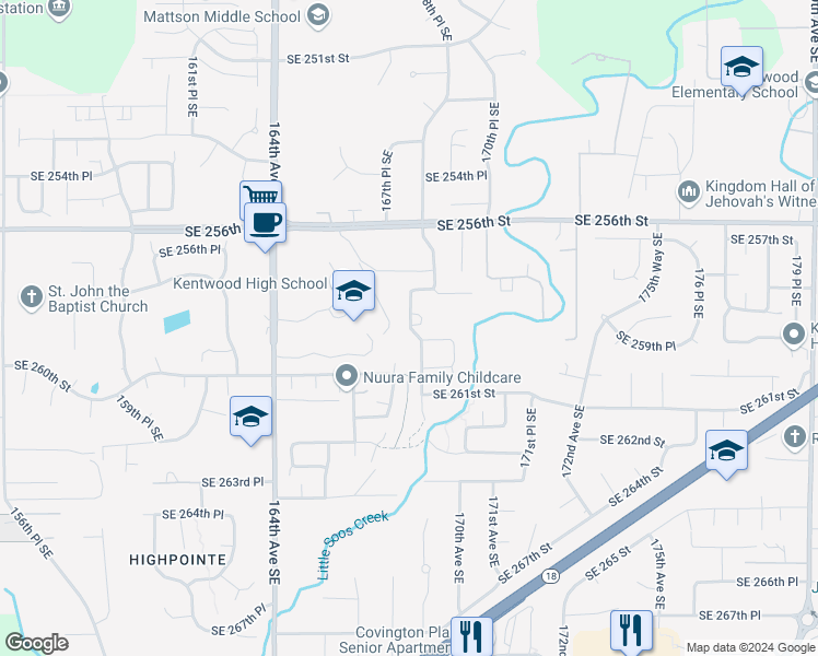 map of restaurants, bars, coffee shops, grocery stores, and more near 25917 168th Place Southeast in Covington