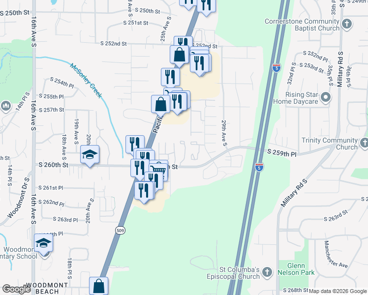 map of restaurants, bars, coffee shops, grocery stores, and more near 25832 26th Place South in Kent