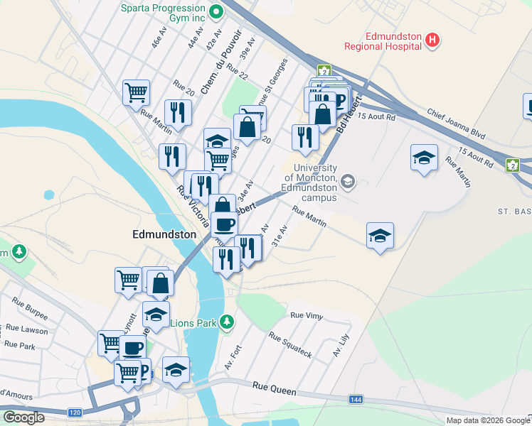 map of restaurants, bars, coffee shops, grocery stores, and more near 31 33e Av in Edmundston