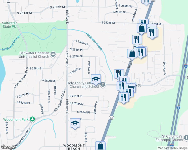 map of restaurants, bars, coffee shops, grocery stores, and more near 25827 20th Avenue South in Des Moines