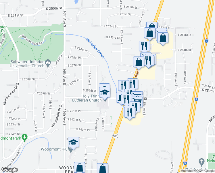 map of restaurants, bars, coffee shops, grocery stores, and more near 2100 South 260th Street in Des Moines