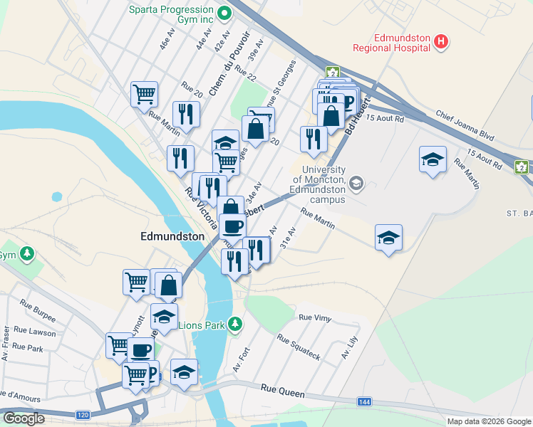 map of restaurants, bars, coffee shops, grocery stores, and more near 31 33e Av in Edmundston