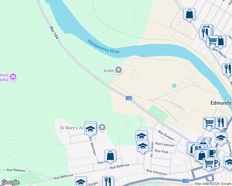 map of restaurants, bars, coffee shops, grocery stores, and more near 338 New Brunswick 144 in Edmundston