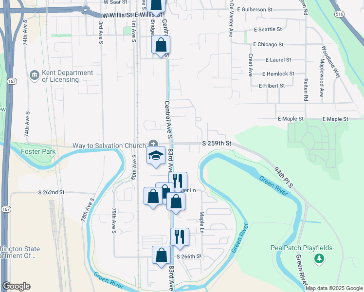 map of restaurants, bars, coffee shops, grocery stores, and more near 8323 South 259th Street in Kent