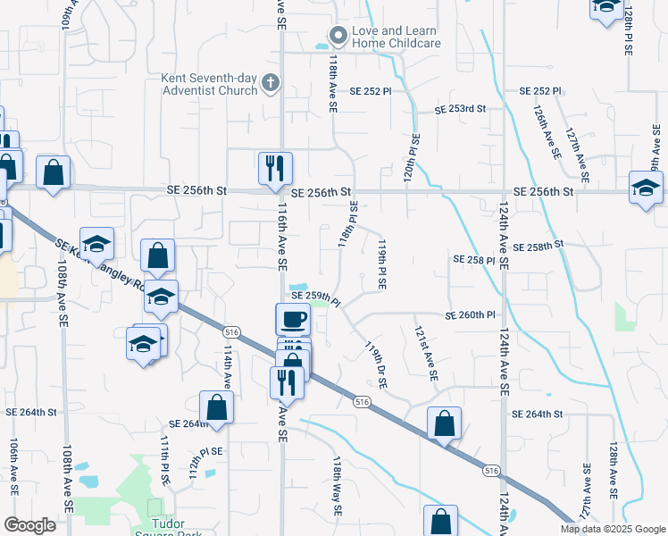 map of restaurants, bars, coffee shops, grocery stores, and more near 25823 118th Place Southeast in Kent
