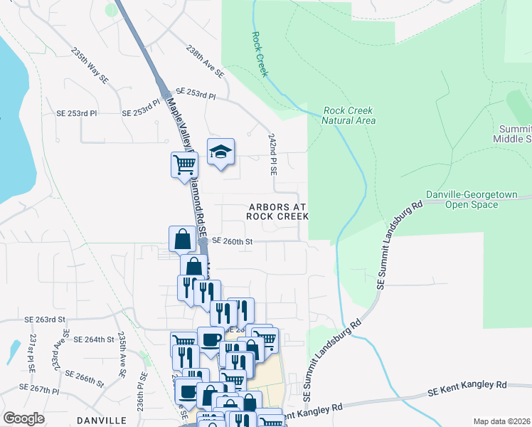 map of restaurants, bars, coffee shops, grocery stores, and more near 25838 241st Circle Southeast in Maple Valley