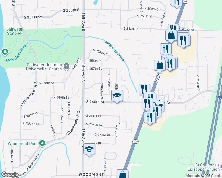 map of restaurants, bars, coffee shops, grocery stores, and more near 25827 20th Avenue South in Des Moines