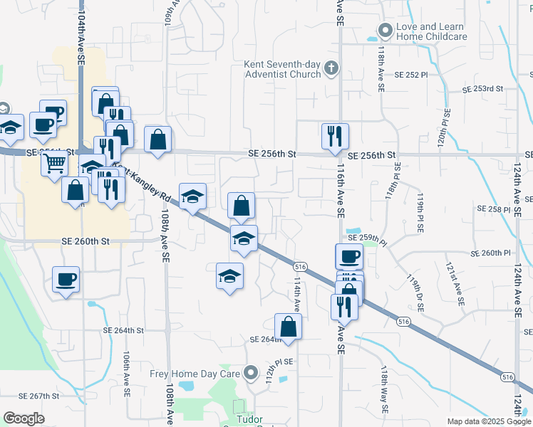 map of restaurants, bars, coffee shops, grocery stores, and more near 11239 Southeast 260th Street in Kent