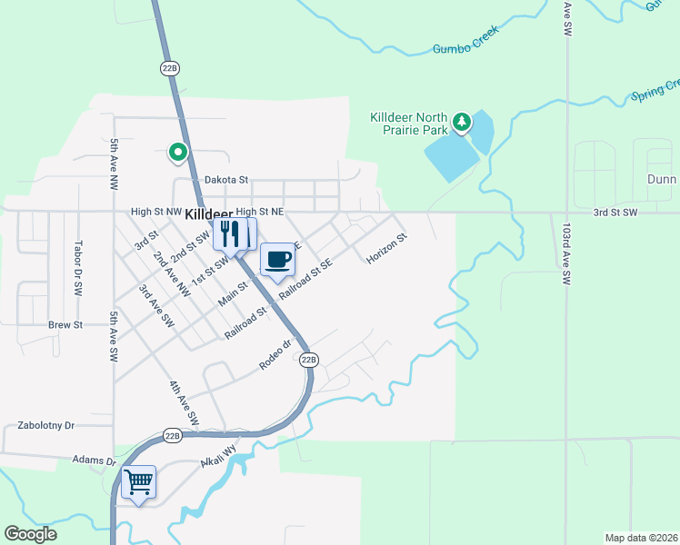 map of restaurants, bars, coffee shops, grocery stores, and more near 200 Railroad Street Southeast in Killdeer