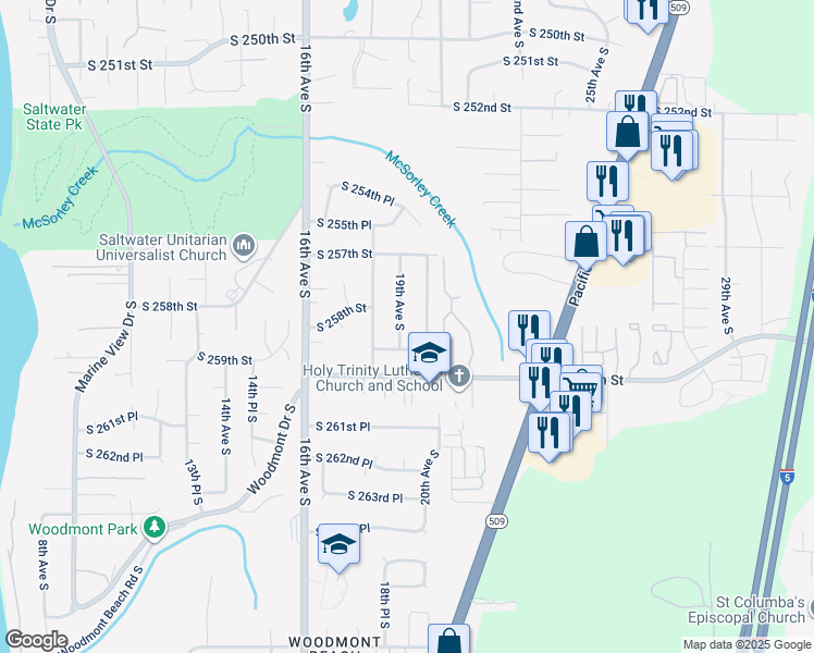 map of restaurants, bars, coffee shops, grocery stores, and more near 25827 20th Avenue South in Des Moines