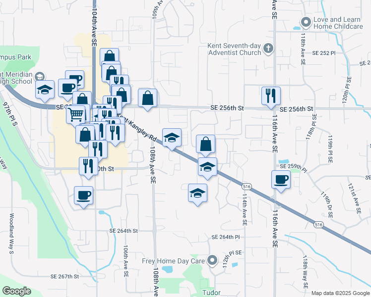 map of restaurants, bars, coffee shops, grocery stores, and more near 25816 110th Avenue Southeast in Kent