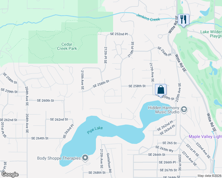 map of restaurants, bars, coffee shops, grocery stores, and more near 24211 Southeast 258th Place in Maple Valley