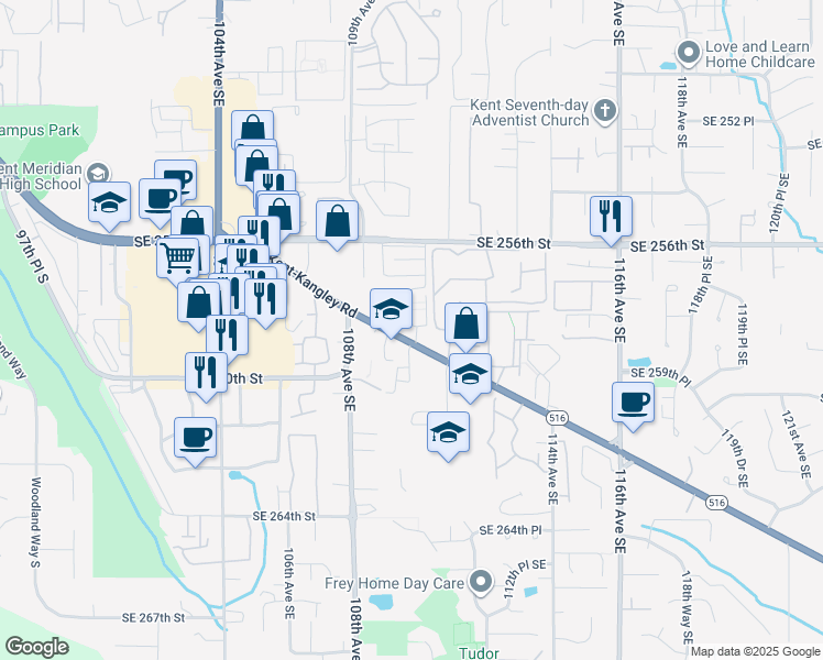 map of restaurants, bars, coffee shops, grocery stores, and more near 25816 110th Avenue Southeast in Kent