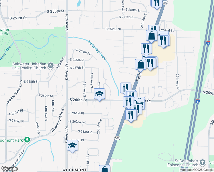 map of restaurants, bars, coffee shops, grocery stores, and more near 2100 South 260th Street in Des Moines