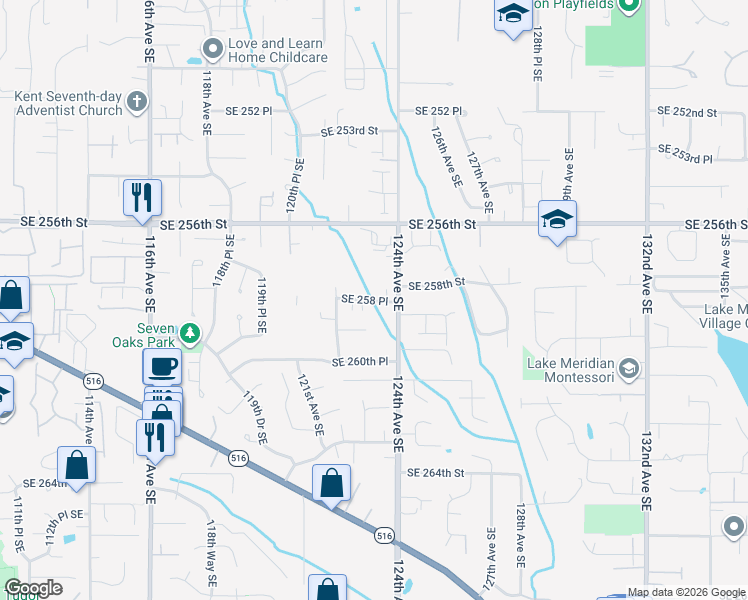 map of restaurants, bars, coffee shops, grocery stores, and more near 12322 Southeast 258 Place in Kent