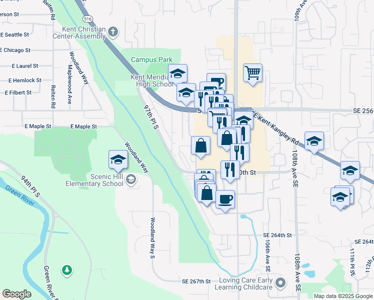 map of restaurants, bars, coffee shops, grocery stores, and more near 205 97th Place South in Kent
