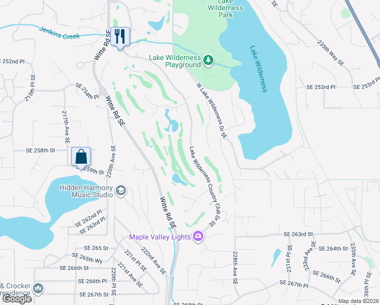 map of restaurants, bars, coffee shops, grocery stores, and more near 25803 Lake Wilderness Country Club Drive Southeast in Maple Valley
