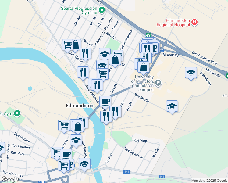 map of restaurants, bars, coffee shops, grocery stores, and more near 39 34e Av in Edmundston