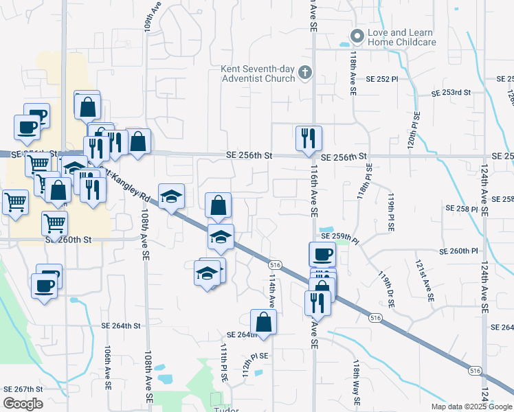 map of restaurants, bars, coffee shops, grocery stores, and more near 25832 113th Ave SE in Kent
