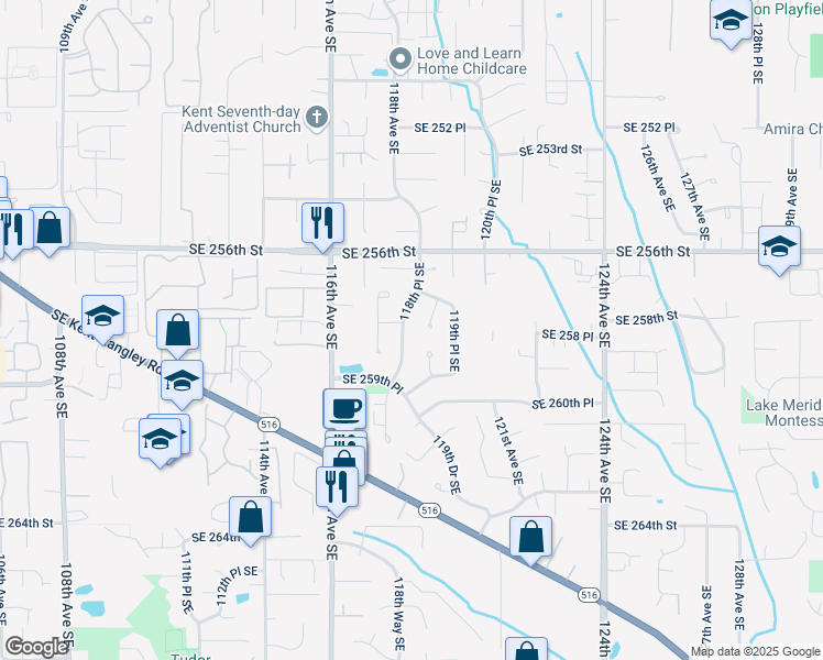 map of restaurants, bars, coffee shops, grocery stores, and more near 25823 118th Place Southeast in Kent