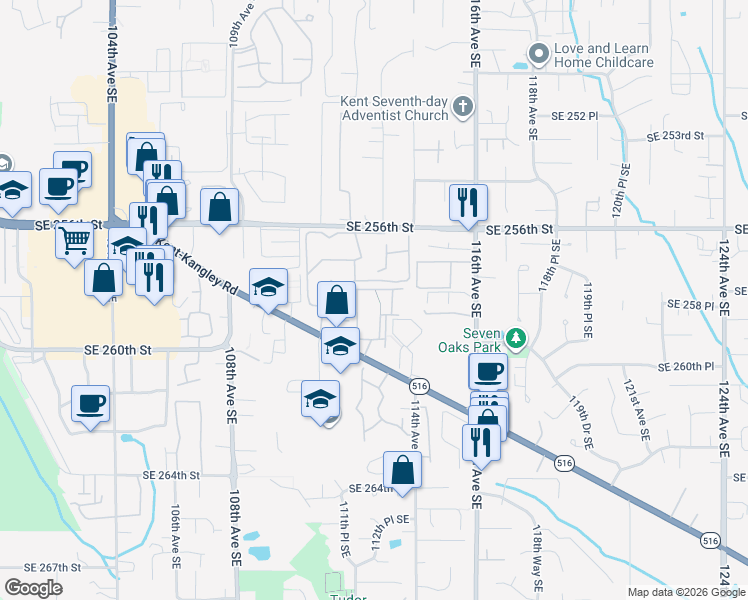 map of restaurants, bars, coffee shops, grocery stores, and more near 11239 Southeast 260th Street in Kent